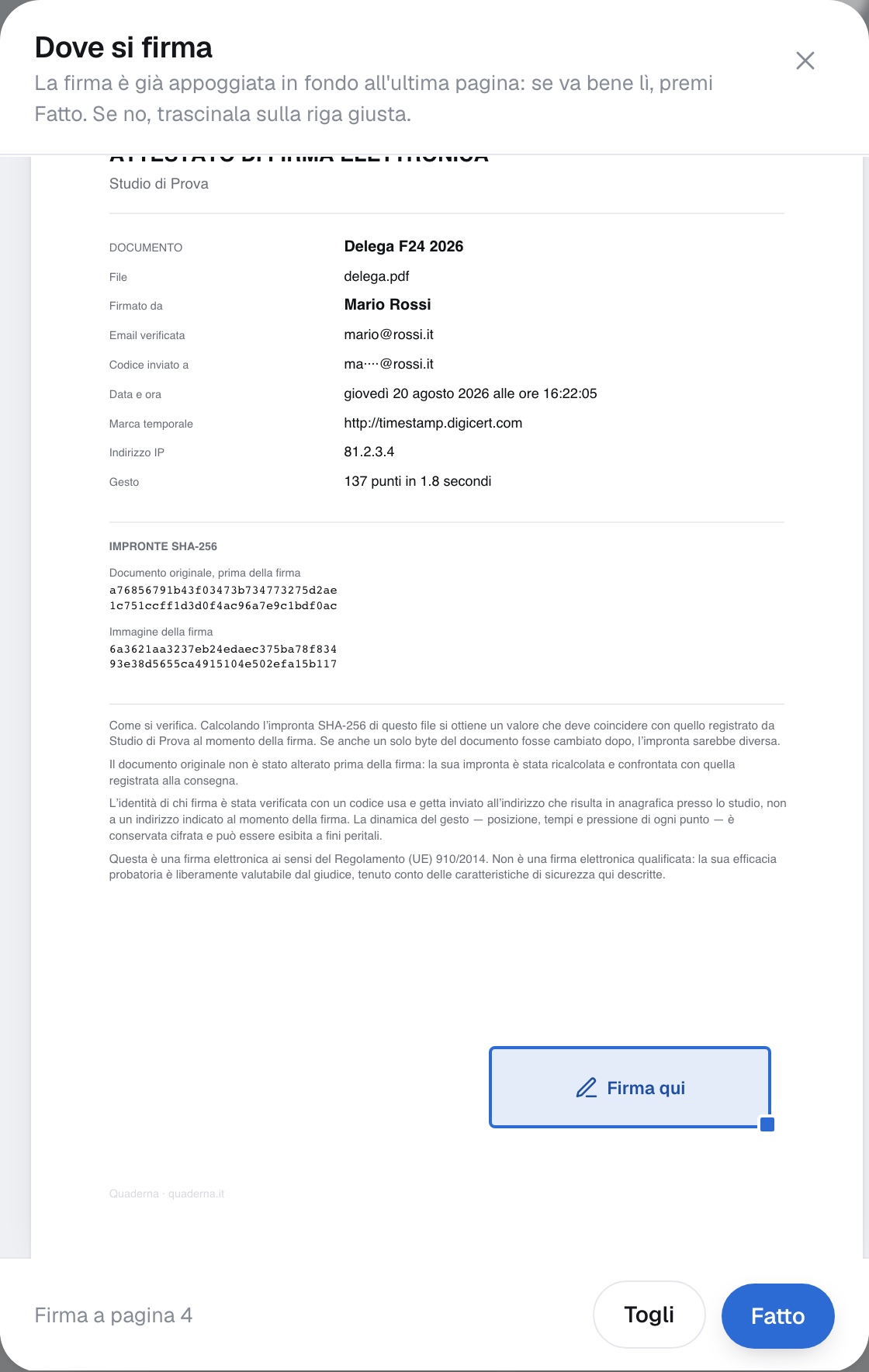 Il riquadro della firma già posato sull'ultima pagina