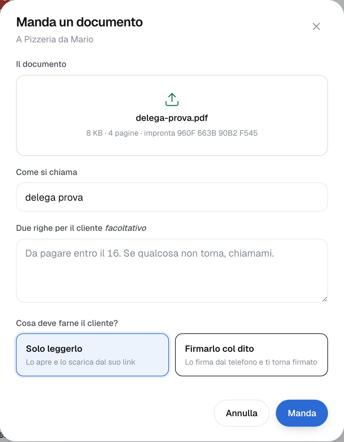 La finestra Manda un documento con il file caricato